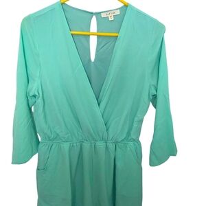 ILLA ILLA Aqua V-Neck Long Sleeve Romper Lace Hem Size Medium